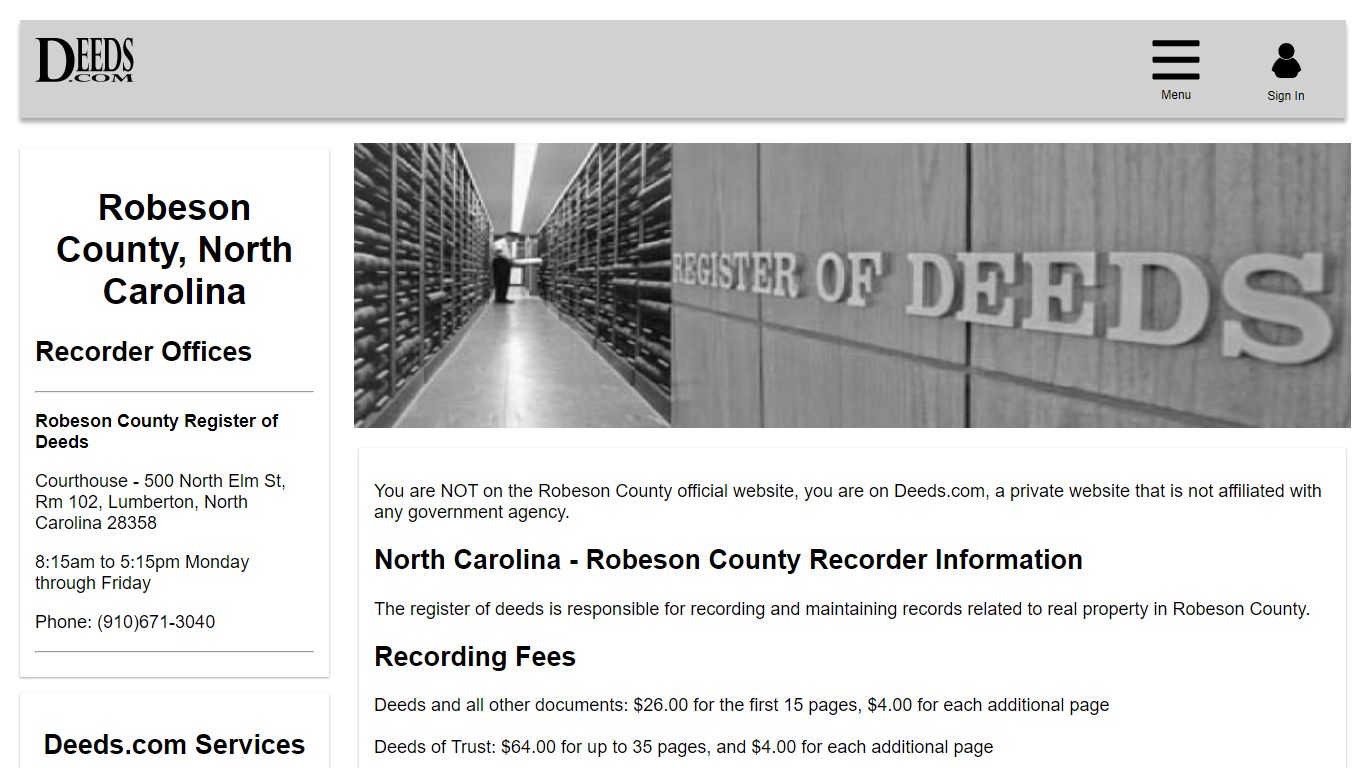 Robeson County Recorder Information North Carolina - Deeds.com